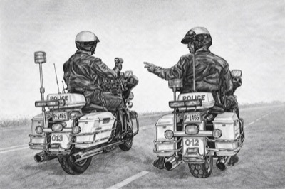 Motors - Drawing of two police motorcycle officers on patrol